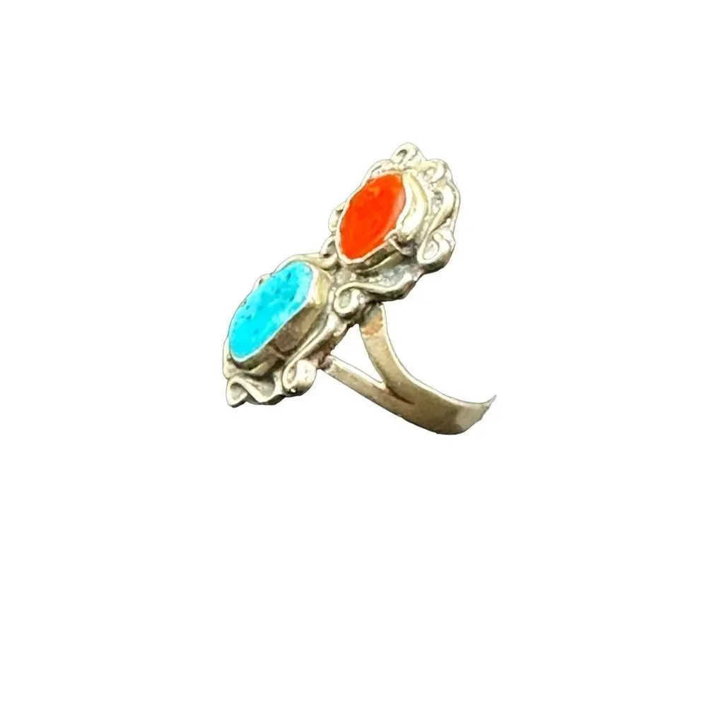 Navajo Sterling silver turquoise coral ring vintage size 7 3/4